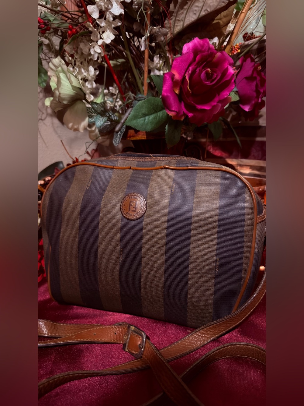 Fendi Striped Messenger Bag in Brown and Black